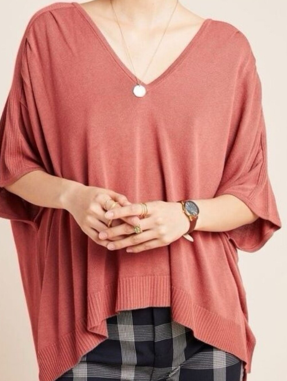 4-Anthropologie Oversized V-Neck Dolman Sweater Top - Terracotta